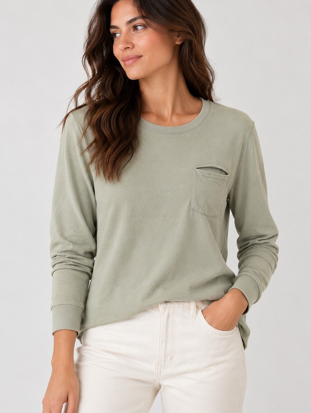 Cuyana Women’s Large Sage Green Long Sleeve Pocket Tee Organic Pima Cotton